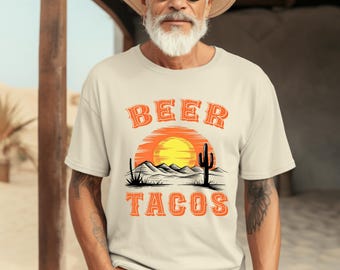 Beer & Tacos Graphic Tee, Vintage Desert Scene Shirt