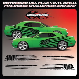 Full Body Distressed USA Flag Side Graphic Vinyl Decal Fits Dodge Challenger 2010-2021