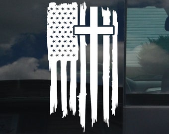 American Flag Cross Jesus Christ Religious Christian Vinyl Decal Window Sticker