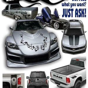 May include: A collage of images showcasing custom car and truck decals. The images feature a variety of vehicles with different designs, including flames, skulls, and American flags. The text "ANYStickerUwant" and "Don't see what you want? JUST ASK!" is displayed on the image. The text "We can do ANY design!" is displayed at the bottom of the image.
