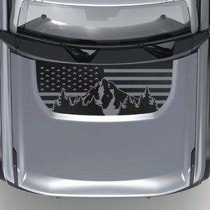 American Flag & Mountains Blackout Hood Vinyl Decal Fits Ford Bronco 2021-2023