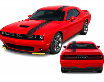 May include: A bright red Dodge Challenger coupe featuring dual black racing stripes running across the bonnet and roof. The vehicle displays a front grille with circular headlights, yellow front splitter guards, and a rear view with Dodge lettering.