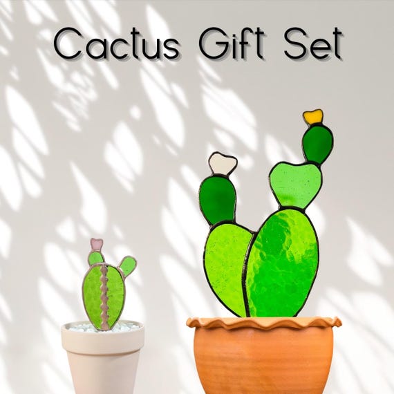 Stained Glass Cactus Gift Set - Handmade Prickly Pear & Baby Cactus - Etsy