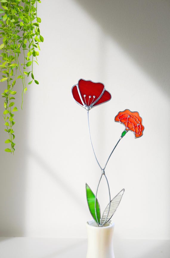 Red Poppy + Marigold Flower Stem//August + October Birth Flowers//Glass Flowers