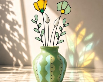 Handgefertigtes Wildblumenarrangement aus Buntglas | Blumenstrauß in Bernstein- und Salbeigrün