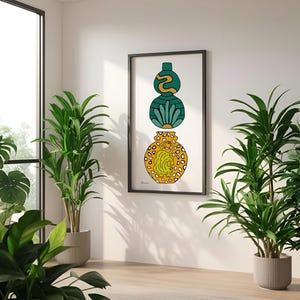 Impresión artística de vasija de cerámica con estampado de leopardo y florero verde azulado: impresionante decoración de pared para el hogar