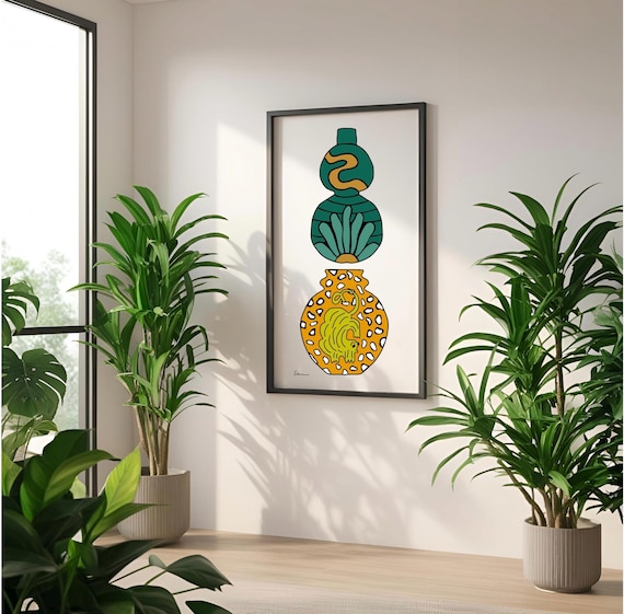 Leopard Pottery Vessel & Teal Flower Vase Art Print
