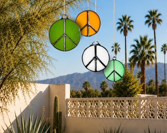 Stained Glass Peace Sign Suncatcher | Palm Springs Retro Window Decor | Mid Century Modern Sun Catcher | Handmade Boho Glass Ornament