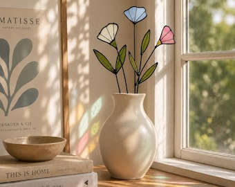 Handgemachtes Glasmalerei-Wildblumenarrangement | Bernstein & Olivgrünes Blumenbouquet