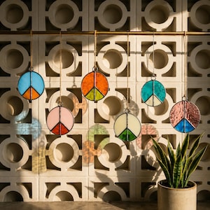 Six colorful stained glass peace sign suncatchers hanging from a brass rod against a sunlit mid-century breeze block wall, with soft reflections and a potted snake plant below.