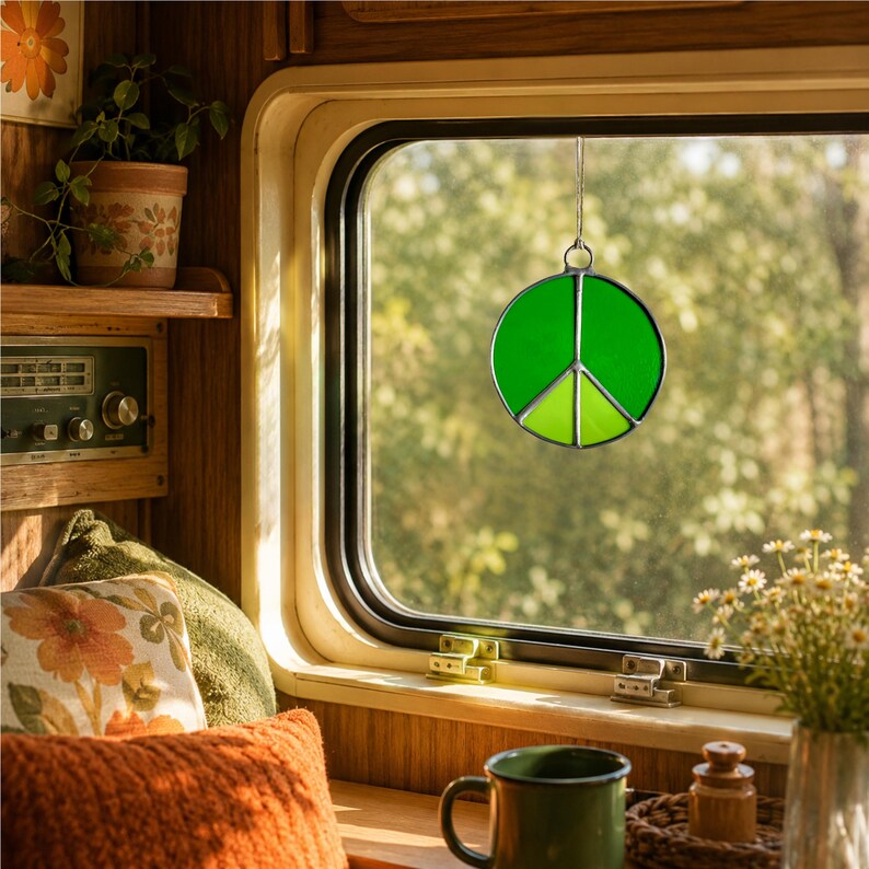 Stained Glass Peace Sign for Camper Window | Retro RV Decor | Handmade Peace Sign Suncatcher | Vintage Trailer Gift | Boho Window Hanging image 3