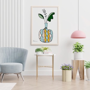 Póster de jarrón de cerámica con hojas tropicales / Impresionante obra de arte / Impresión ecológica