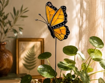 Buntglas-Monarchfalter-Pflanzeneinsatz | Geschenk für Naturliebhaber