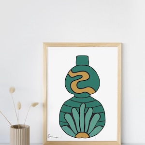 Impresión de jarrón verde azulado estilo bohemio / Impresión artística / Decoración vintage para el hogar