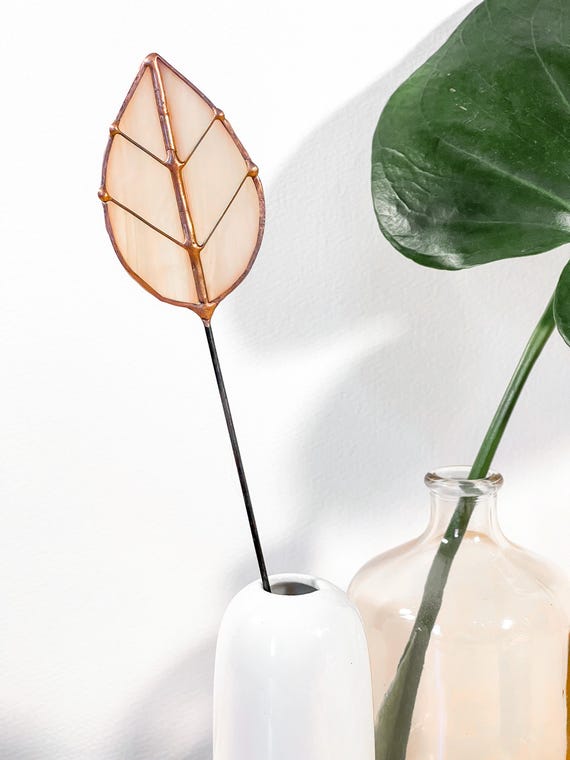 Peachy Pink Glass Leaf Plant Stake