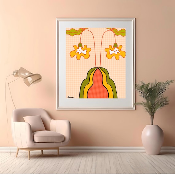 Retro Polka Dot Vase Print | Yellow Marigolds Art Print | Vintage Home Decor