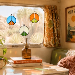 Stained Glass Peace Sign for Camper Window | Retro RV Decor | Handmade Peace Sign Suncatcher | Vintage Trailer Gift | Boho Window Hanging image 1