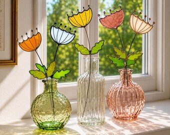 Stiel aus Buntglas mit Wilder Möhre-Motiv | Handgefertigte botanische Glasblume | Blumenstiel für Vase | Naturinspirierte Wohndekoration | Handgemachtes Geschenk