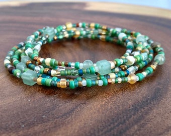 Long aventurine seed bead wrap bracelet, green layering gemstone necklace for her