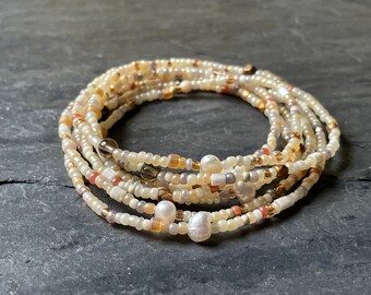 Beachy pearl and seed bead wrap bracelet, Sandy Beach mix wrap bracelet, Beach wrap bracelet, long layering stretch necklace