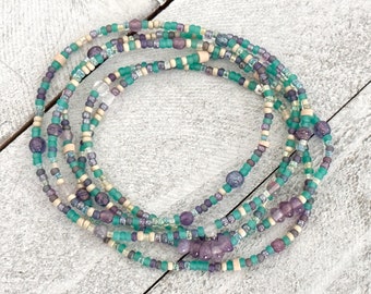 Handmade fluorite and seed bead wrap bracelet, long beaded wrap bracelet, spring colored long layering necklace