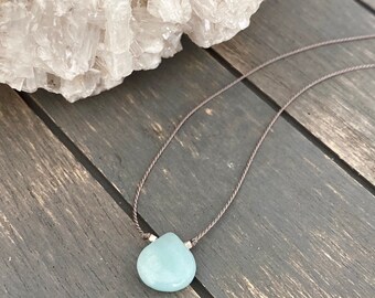 Amazonite teardrop and sterling silver silk cord gemstone necklace Minimalist blue green teardrop necklace Calming gemstone choker necklace