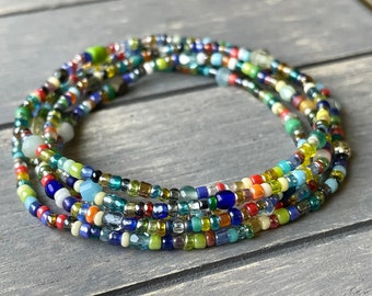 Mixed seed bead wrap bracelet, rainbow stretch wrap bracelet, Beachy wrap bracelet, long summer boho necklace, PRIDE jewelry