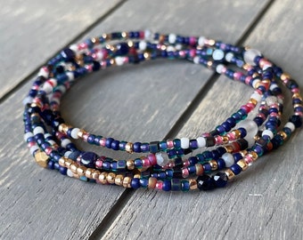 Navy Fuschia mixed bead wrap bracelet, pink blue boho wrap bracelet, long mixed bead layering necklace