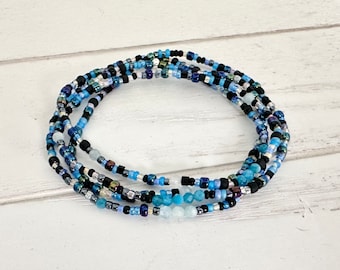 Aquamarine & apatite mixed seed bead wrap bracelet, firefly black and blue stretch bracelet, long boho wrap bracelet, long layering necklace