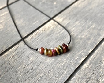 Tourmaline silk cord choker necklace, Women's minimalist gemstone necklace, October birthstone necklace