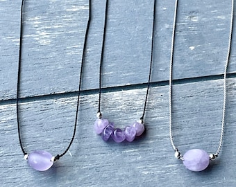 Amethyst silk cord choker necklace, Women's minimalist gemstone necklace