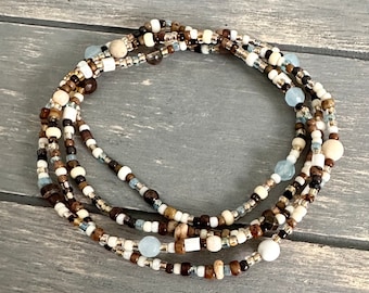 Agate & Smoky Quartz mixed seed bead wrap bracelet, beachy stretch bracelet, long boho wrap bracelet, long layering necklace