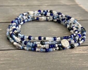 Agate and sodalite mixed seed bead wrap bracelet, stretch bracelet, long blue boho wrap bracelet, long layering necklace