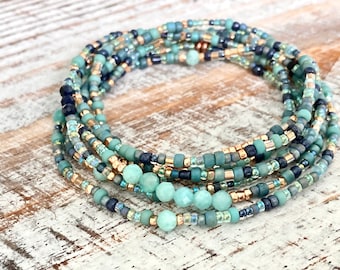 Long amazonite navy agate wrap bracelet, Blue layering gemstone necklace for her