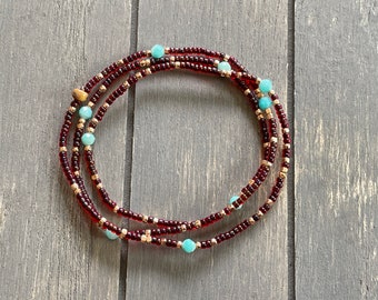 Amazonite and gold deep red seed bead stretch bracelet, Gemstone stretch wrap bracelet for her, delicate beaded gemstone bracelet