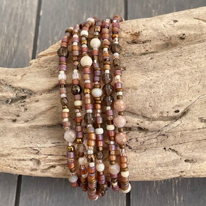 Peach moonstone Smoky Quartz mixed bead wrap bracelet, pink boho wrap bracelet, long mixed bead layering necklace