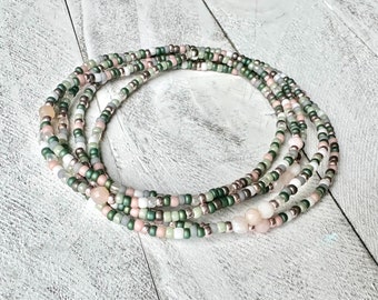 Pink opal mixed seed bead wrap bracelet, pink and green stretch bracelet, long boho wrap bracelet, long layering necklace