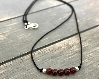 Garnet and sterling silver silk cord gemstone necklace Minimalist necklace Gemstone choker necklace, January birthstone necklace