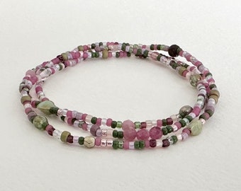 Pink Tourmaline mixed seed bead wrap bracelet, stretch bracelet, long boho wrap bracelet, long layering necklace
