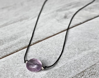 Amethyst pebble silk cord choker necklace, Women's minimalist gemstone necklace, February birthstone necklace