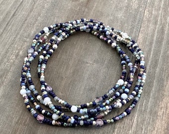 Navy and purple mixed bead wrap bracelet, agate mix wrap bracelet, twilight hued wrap bracelet, long layering stretch necklace