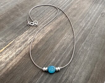 Apatite and sterling silver silk cord gemstone necklace Minimalist blue gemstone choker necklace