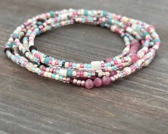 Pink Tourmaline and Mother of Pearl mixed seed bead wrap bracelet, stretch bracelet, long boho wrap bracelet, long layering necklace
