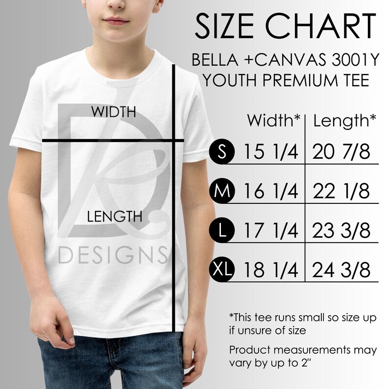 K&ouml;nnte beinhalten: Gr&ouml;&szlig;entabelle f&uuml;r Premium-T-Shirts f&uuml;r Jugendliche von Bella + Canvas. Die Tabelle zeigt die Breite und L&auml;nge in Zoll f&uuml;r die Gr&ouml;&szlig;en S, M, L und XL.  *Dieses T-Shirt f&auml;llt klein aus, daher sollten Sie eine Nummer gr&ouml;&szlig;er w&auml;hlen, wenn Sie sich nicht sicher sind. Die Produktma&szlig;e k&ouml;nnen um bis zu 2* Zoll abweichen.