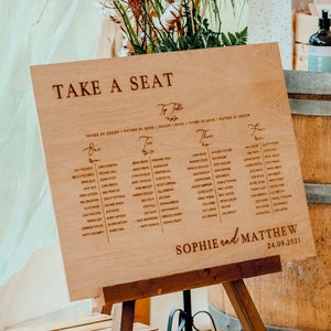 Oak Wedding Table Seating Plan - Engraved - Wedding Guests - Take your seats - rustic - wooden
