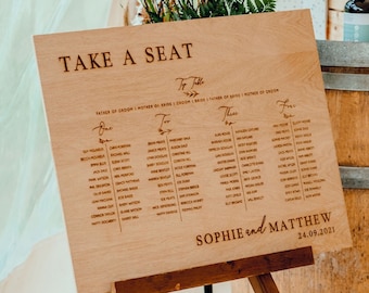 Oak Wedding Table Seating Plan - Engraved - Wedding Guests - Take your seats - rustic - wooden