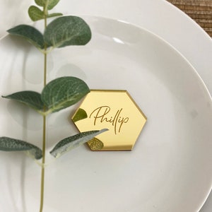 Mirrored Acrylic Hexagon Wedding Name Place Setting - Perspex Engraved place card - laser cut - Table Favour