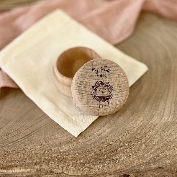 My First Curl - Wooden Engraved Baby Memory Box - storage box -  round pine - laser engraved