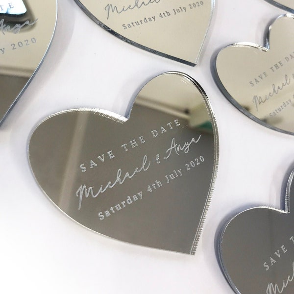 Save The Dates - Mirrored Acrylic Heart Wedding Invite - Perspex Engraved