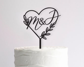 Initials Wedding Cake Topper - Love heart floral foliage wreath Monogram Design - Mirror Acrylic Cake Topper - Mr & Mrs - Laser Cut